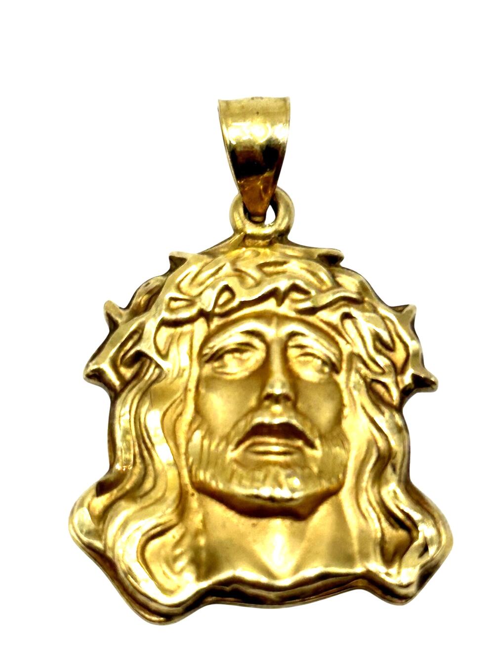 14K Solid Yellow Jesus Head Pendant, Crown of Thorns Pendant